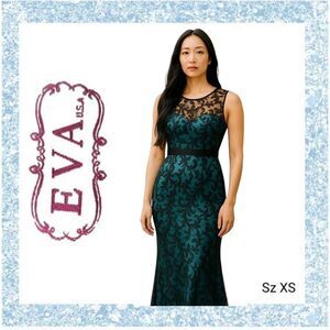 Formal Blue Satin & Lace Sweetheart Black Overlay Empire Waist Long Maxi Dress
